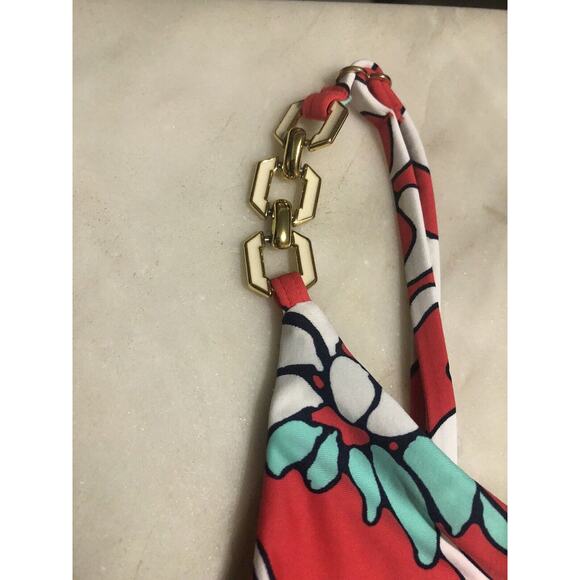 Trina Turk $158 Garden Bloom Plunge One Piece Swimsuit Red Gold Hardware Size L - Picture 4 of 9